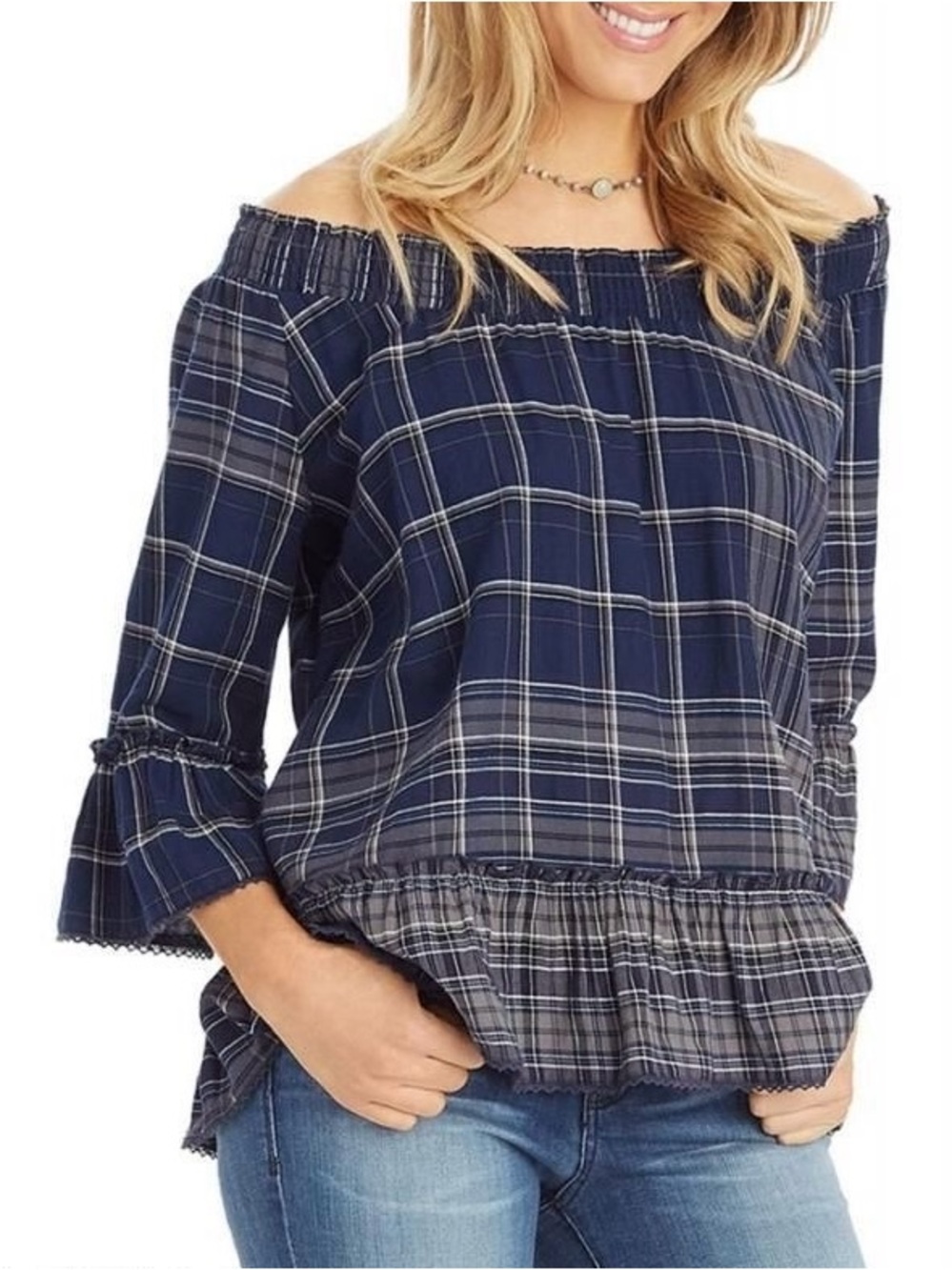 Democracy Navy Plaid Off-the-Shoulder Peplum Blouse XL